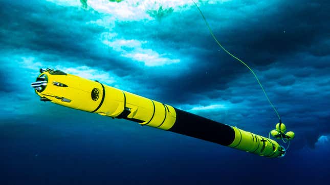 An image of the Icefin robot under the sea ice near McMurdo Station, captured in 2019.