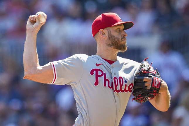 May 27, 2023;  Cumberland, Georgia, USA;  Philadelphia Phillies starting pitcher Zack Wheeler (45) pitches against the Atlanta Braves in the first inning at Truist Park.