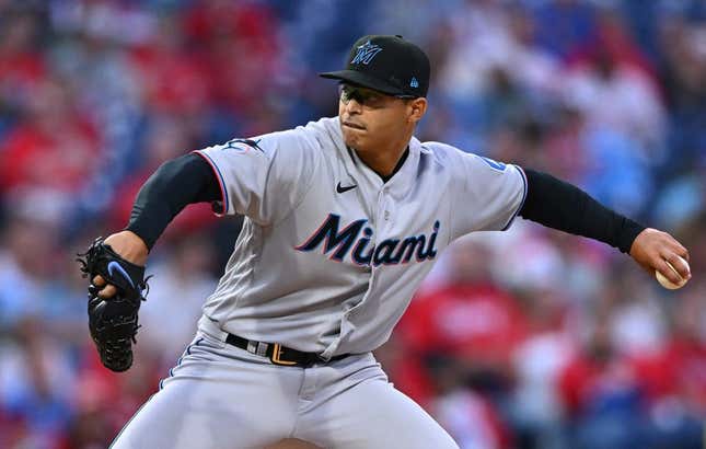 Apr 11, 2023; Philadelphia, Pennsylvania, USA; Miami Marlins starting pitcher Jesus Luzardo (44) throws a pitch against the Philadelphia Phillies in the second inning at Citizens Bank Park.