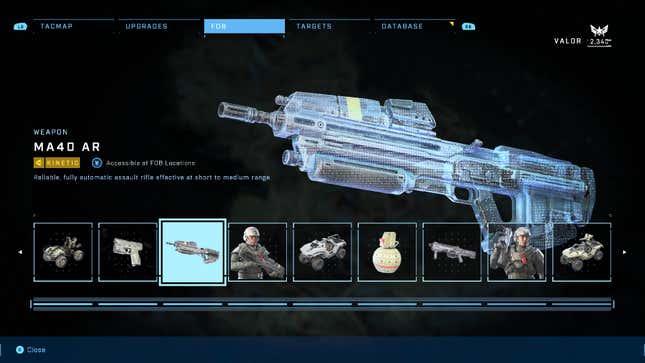 Halo Infinite's valor menu shows an assault rifle.
