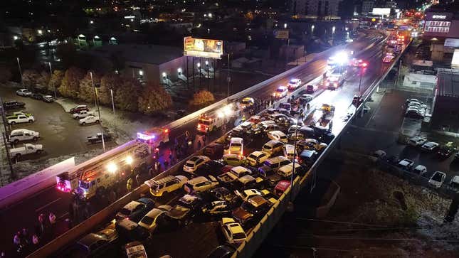The scene on West 6th Avenue after the 100-vehicle pileup