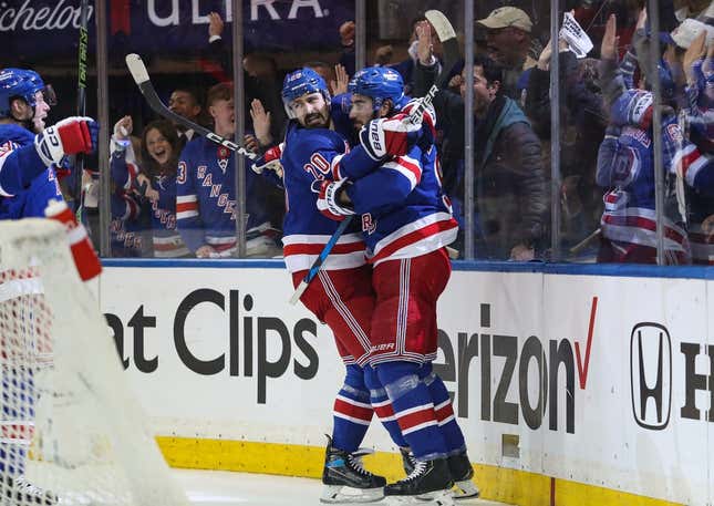 Apr 29, 2023; New York, New York, USA; New York Rangers center Mika Zibanejad (93) celebrates with left wing Chris Kreider (20) after scoring a goal against the New Jersey Devils during the second period in game six of the first round of the 2023 Stanley Cup Playoffs at Madison Square Garden.