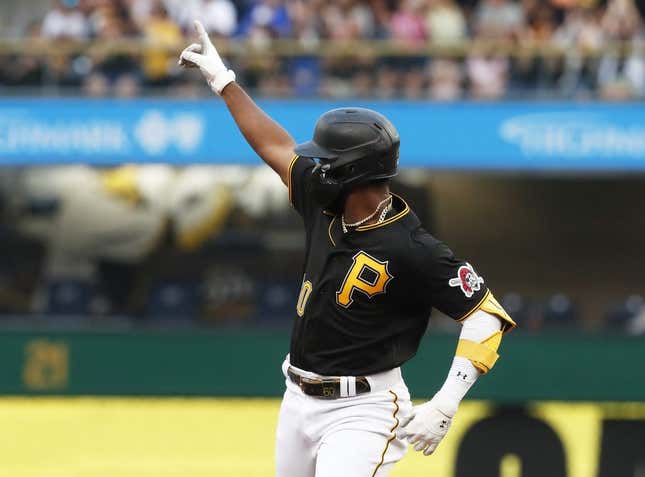 Aug 1, 2023; Pittsburgh, Pennsylvania, USA; Pittsburgh Pirates second baseman Liover Peguero (60) reacts on a two run home run against the Detroit Tigers during the second inning at PNC Park.