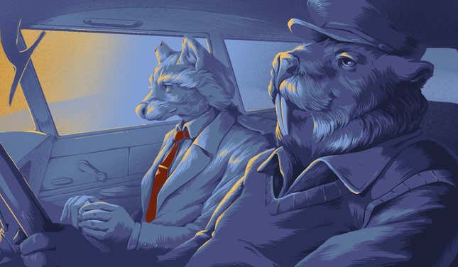 A fox wearing a suit and a beaver wearing a v-neck sweater drive a car in Backbone.