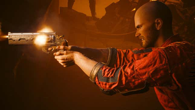 Ken's V is shown shooting a revolver in a firefight.