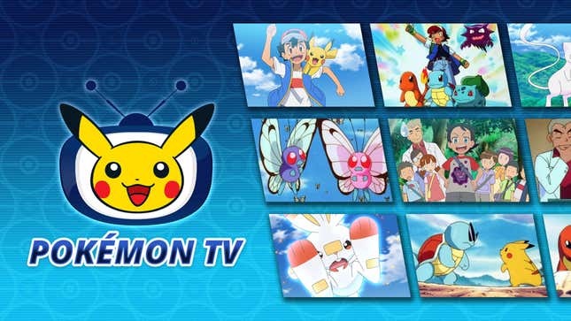 The Pokémon TV logo featuring Pikachu's face in a TV set is shown on the left hand side, with images from several episodes compiled on the right.