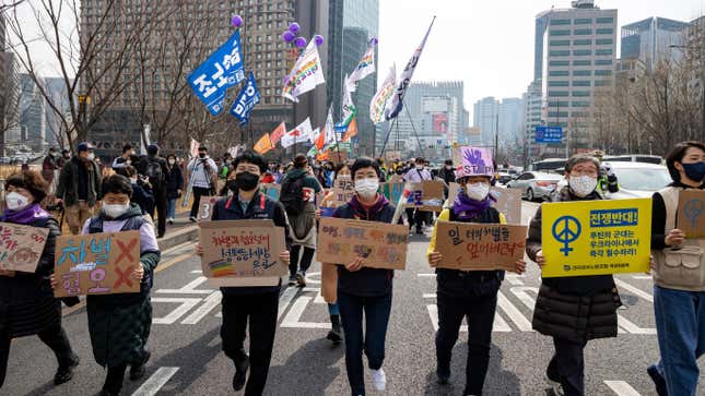 Civil society organizations, on the 114th anniversary of World Women’s Day, held press conferences and rallies and demanded women’s labor rights and childcare burdens on March 8, 2022 in Seoul, South Korea.