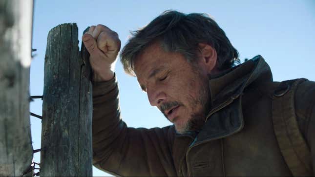 Pedro Pascal as Joel leans against a post with his eyes closed in a moment from HBO's The Last of Us.