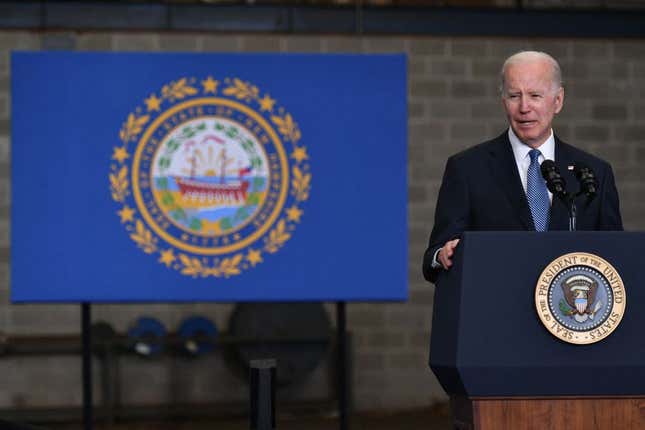 US President Joe Biden speaks following a tour of the New Hampshire Port Authority in Portsmouth, New Hampshire, on April 19, 2022.