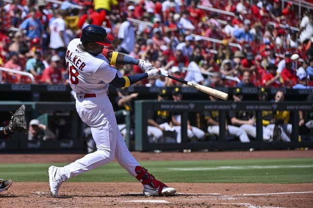 Sep 3, 2023; St. Louis, Missouri, USA; St. Louis Cardinals right fielder Jordan Walker (18) hits a solo home run against the Pittsburgh Pirates during the third inning at Busch Stadium.