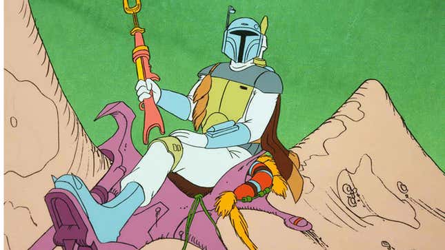 An animated still shows Boba Fett on a large alien creature's back. 