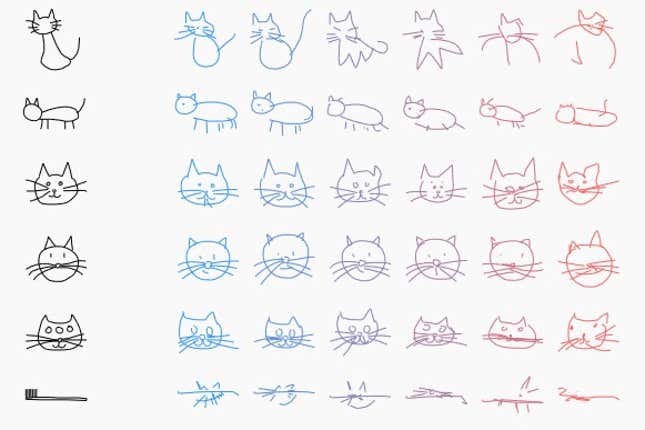 Left, the human sketch, and right in color, the AI’s attempts.