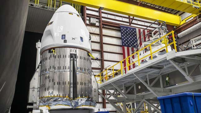 SpaceX’s Crew Dragon Endurance spacecraft in a hanger at NASA’s Kennedy Space Center in Florida. 