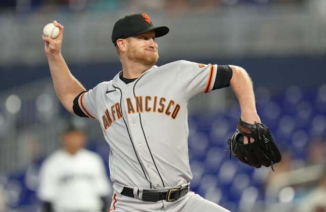 Apr 19, 2023; Miami, Florida, USA;  San Francisco Giants starting pitcher Alex Cobb (38) pitches against the Miami Marlins in the first inning at loanDepot Park.