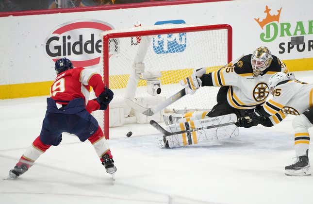 Apr 28, 2023; Sunrise, Florida, USA; Florida Panthers left wing Matthew Tkachuk (19) scores a goal against Boston Bruins goaltender Linus Ullmark (35) in the first period in game six of the first round of the 2023 Stanley Cup Playoffs at FLA Live Arena.