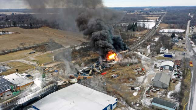 A plume of smoke rises from a Norfolk Southern train that derailed in East Palestine, Ohio. Photo taken Feb. 4, 2023.