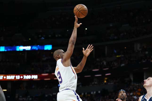 May 1, 2023; Denver, Colorado, USA; Phoenix Suns guard Chris Paul (3) shoots the ball in the first half against the Denver Nuggets during game two of the 2023 NBA playoffs at Ball Arena.