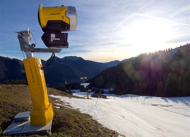 A snow machine at Spitzingsee in Bavaria, Germany.