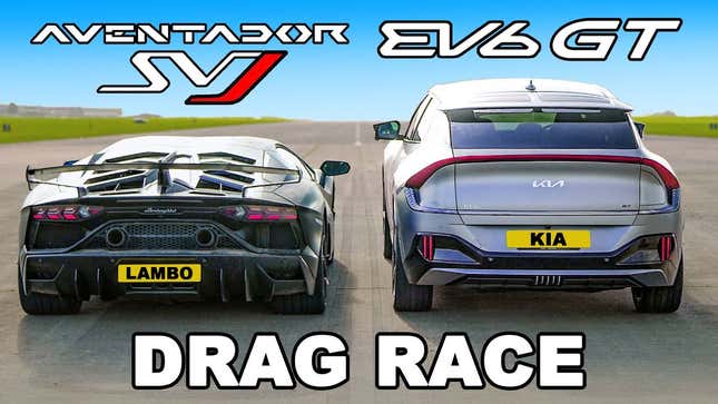Image for article titled Watch a Kia EV6 GT Stay Basically Neck-and-Neck With a Lamborghini in a Drag Race