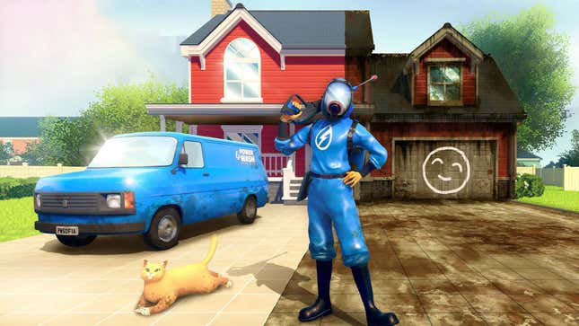A man in a blue rubber suit stands in front of a house near a cat and a van. 