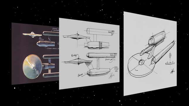 Three samples of concept art for Star Trek's U.S.S. Enterprise, one in color and the others in black and white, from Gene Roddenberry's personal archive.
