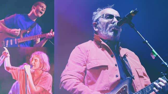 Clockwise from top left: Pinegrove lead singer Evan Stephens Hall (Photo: Michael S. Williamson/The Washington Post via Getty Images), Elvis Costello (Photo: JC Olivera/Getty Images), Natassja Shiner of Fickle Friends (Photo: Steve Jennings/WireImage/Getty Images)