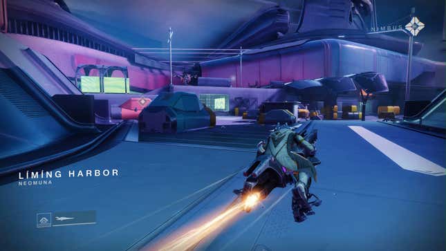 A Guardian rides through Neomuna on a sparrow. 