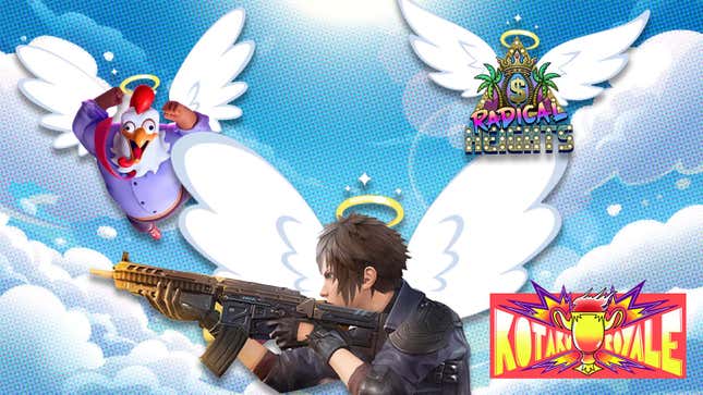 An image shows a man in a chicken mask, a video game logo and a dude with a gun floating up to Heaven. 