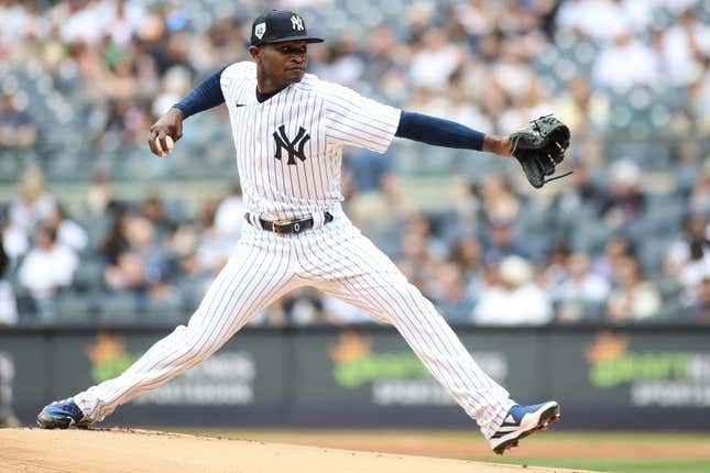 Apr 15, 2023; Bronx, New York, USA;  New York Yankees starting pitcher Domingo German pitches in the first inning against the Minnesota Twins at Yankee Stadium.