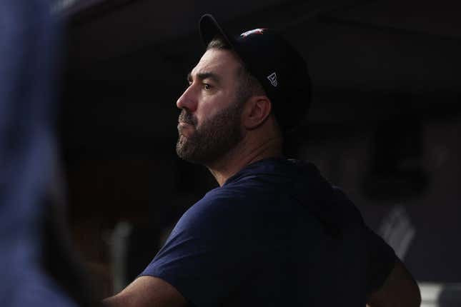 Aug 4, 2023; Bronx, New York, USA; Houston Astros starting pitcher Justin Verlander (35) looks on from the dugout during the third inning against the New York Yankee at Yankee Stadium.