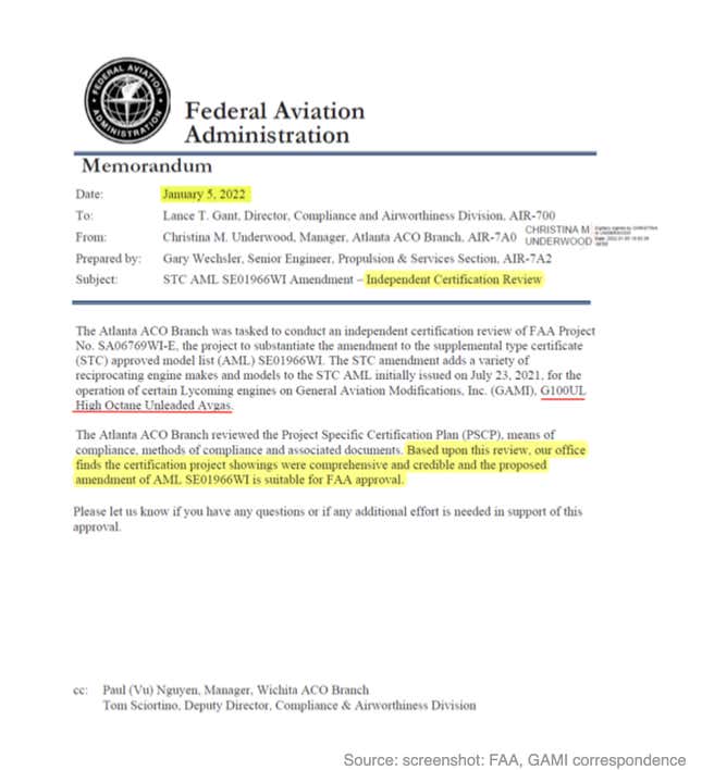 FAA certification of GAMI’s unleaded fuel is awaiting final approval from headquarters.