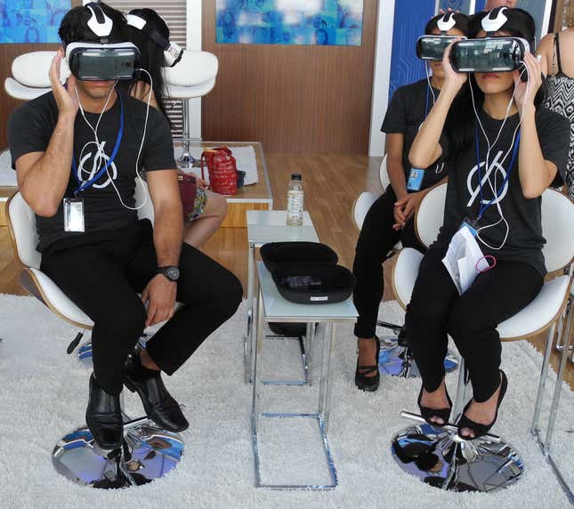Watching “Clouds over Sidra” and other VR films at the hub.