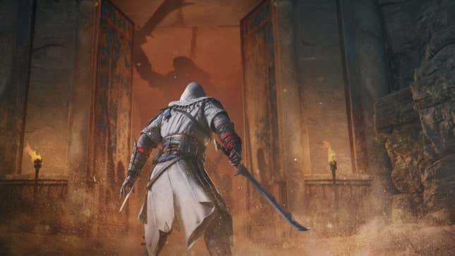 An Assassin's Creed hero faces a looming foe, sword at the ready.
