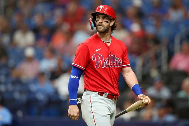 Jul 6, 2023; St. Petersburg, Florida, USA;  Philadelphia Phillies designated hitter Bryce Harper (3) looks on after striking out against the Tampa Bay Rays in the first inning at Tropicana Field.