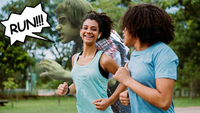 A modified photo shows two women jogging in the park with the Incredible Hulk.