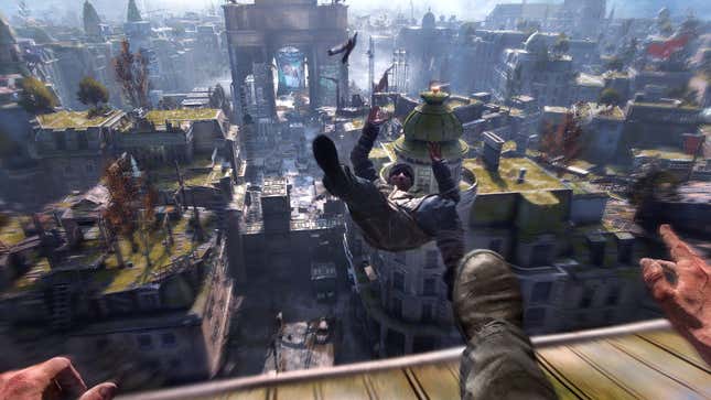 An image from Dying Light 2 depicting protagonist Aiden Caldwell kicking a bandit off a rooftop in the post-apocalyptic city of Villedor.