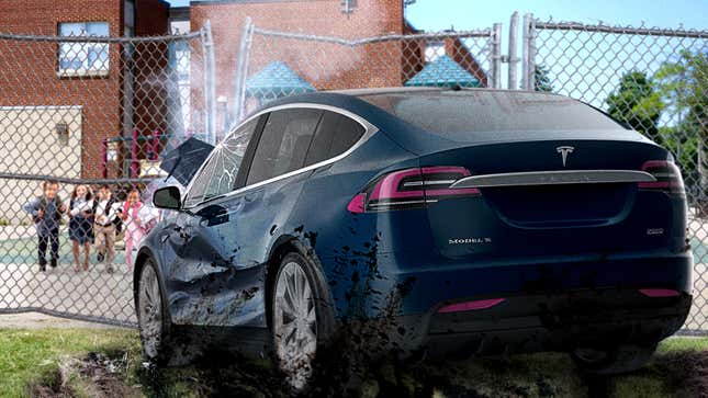 Image for article titled Children Gather At Edge Of Playground To Watch As Self-Driving Tesla Repeatedly Rams Into Fence