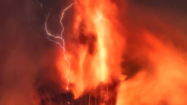Volcanic lightning over Mount Etna in Sicily, Italy, during an eruption on Friday, Feb. 11, 2022. 