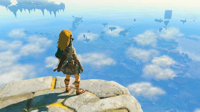 Link looks out at a sky full of leaks. 