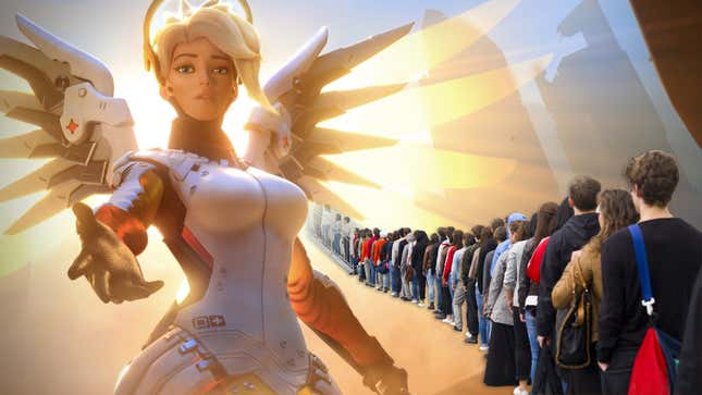Overwatch character Mercy reaches out over a long line of people.
