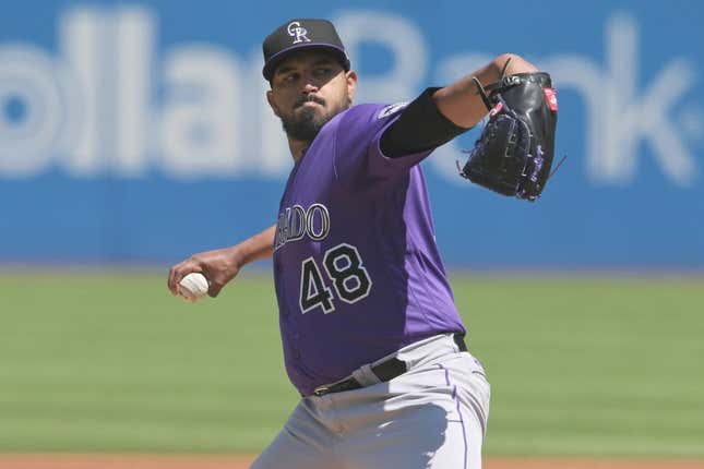 Apr 26, 2023; Cleveland, Ohio, USA; Colorado Rockies starting pitcher German Marquez (48) throws a pitch during the first inning against the Cleveland Guardians at Progressive Field.