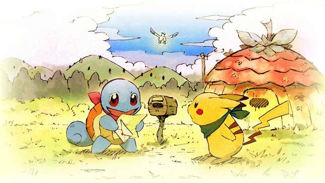 Squirtle and Pikachu are shown reading a letter left in their mailbox by Pelipper, who is flying away.