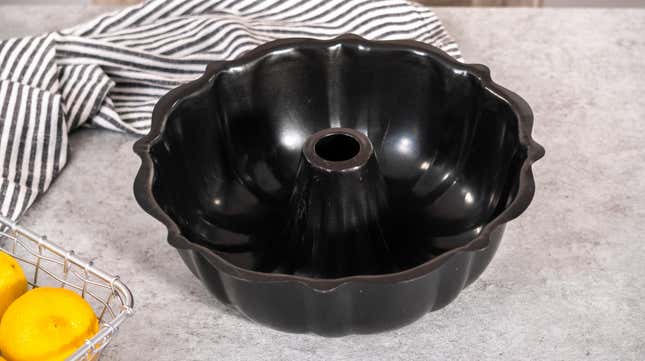 An empty Bundt cake pan on a counter