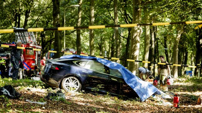Rescue workers proceed with caution around the spot where a Tesla slammed into a tree in Baarn, on September 7, 2016. 
