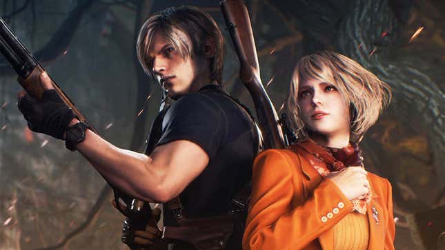 آثار هنری Resident Evil 4 لئون و اشلی را نشان می دهد که در کنار یکدیگر ایستاده اند. 
