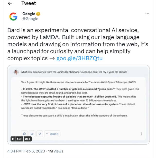 Screenshot of Google tweet