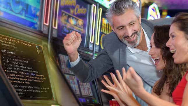 An image shows a group of people winning a Diablo 4 item via a slot machine. 