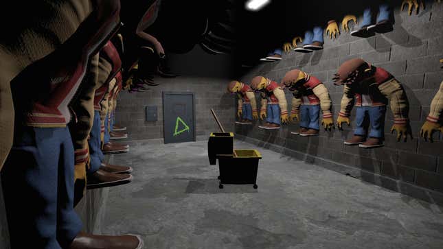 A screenshot shows a room filled with large puppets. 