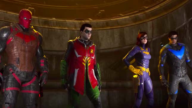 Red Hood, Robin, Batgirl, and Nightwing as they appear in Gotham Knights.