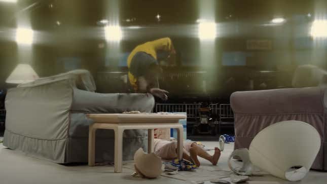 Gordy jumps off couch and onto victim